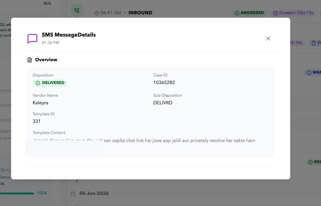 SMS delivery detail showing chat link template